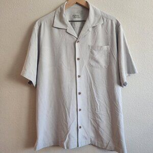 Tommy Bahama Shirt Mens Medium Gray Silk Palm Leaf Button Up Camp Casual TB Logo